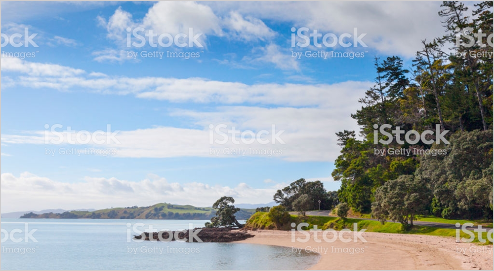 A stock photo of a New Zealand beach including the watermark